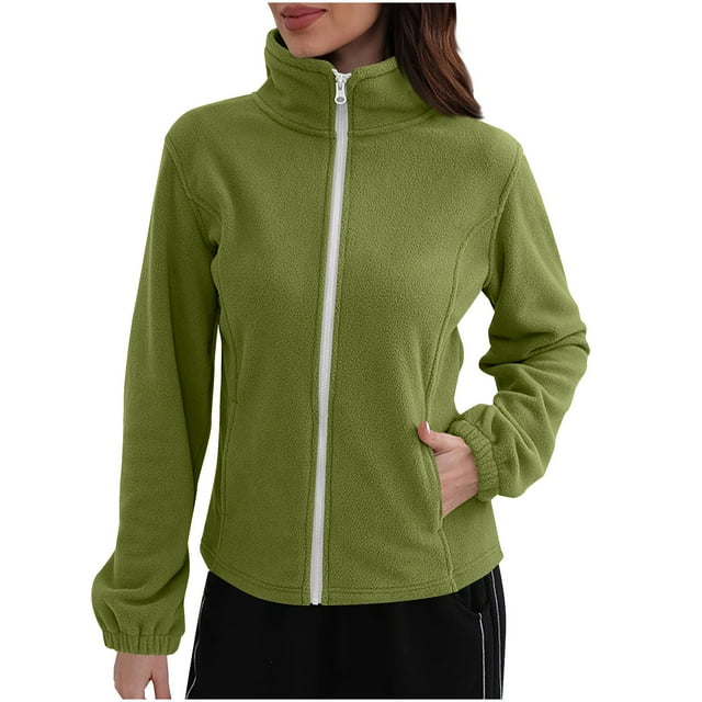 Veste en Molleton pour Femme à Manches Longues, Chaude et Douce, Manteau à Fermeture Éclair, Col Roulé, Manteau de Neige Léger avec Poches, Vert Armée, G