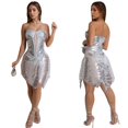 thumbnail image 3 of Minivestido PORRCEY para mujer, hombros descubiertos, lentejuelas brillantes, plateado, 3 of 5