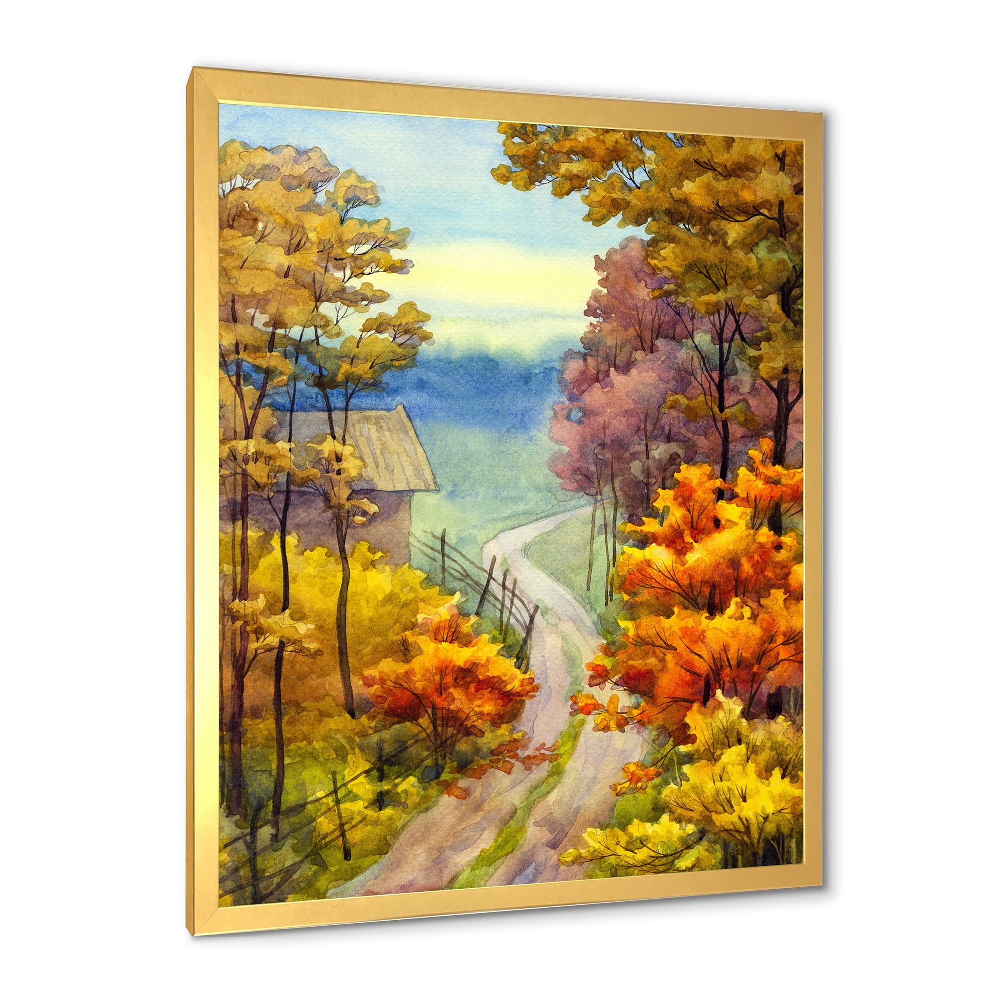 Designart 'Little Road Through VIbrant Autumn Scene' Lake House Framed Art Print