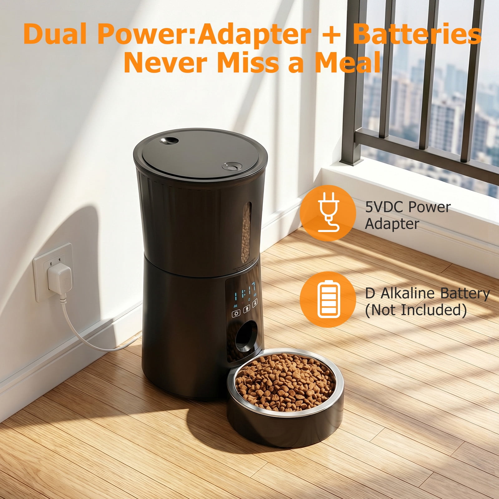 Atilioo Automatic Cat Feeder, 4L WiFi Pet Food Dispenser with App Control, Dry Food, Dual Power Supply, Timed Portion Control for Cats & Small Dogs, Black