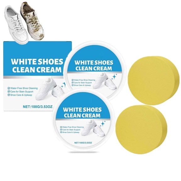 White Shoes Clean Cream, Multipurpose No Wash White Shoes Cleaner, Waterless Cleaning Cream for All Stains with Built-In Sponge Applicator (2 Pack)