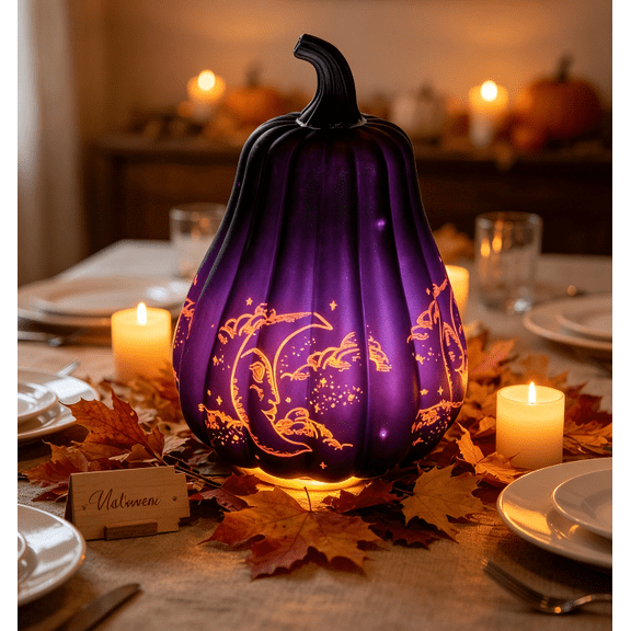 Fall Halloween Pumpkin‑Purple Glass Pumpkin Ornament with Enchanted Moon & Star Pattern, Built‑in Fairy Lights, Battery Operated Tabletop Mantel Decor for Thanksgiving Autumn Home