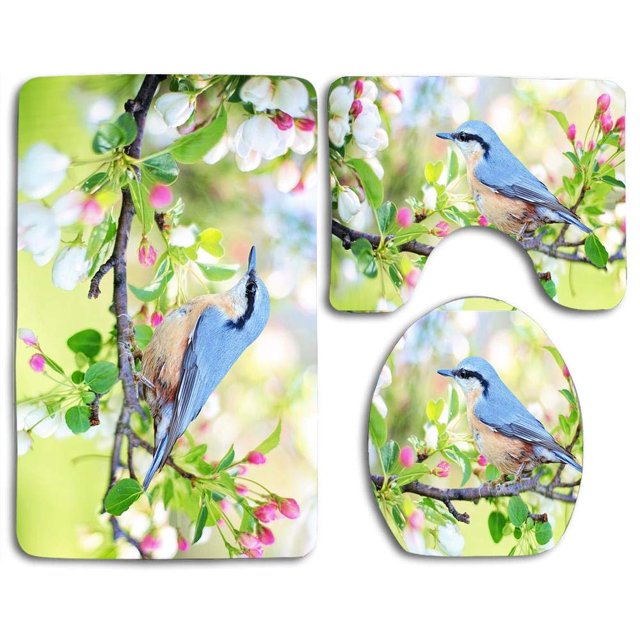 ABPHQTO Rama de pájaro de primavera Juego de alfombras de baño de 3 piezas Alfombra de baño Alfombra de contorno y tapa de inodoro ABPHQTO Cont-CHAPPLE-25827
