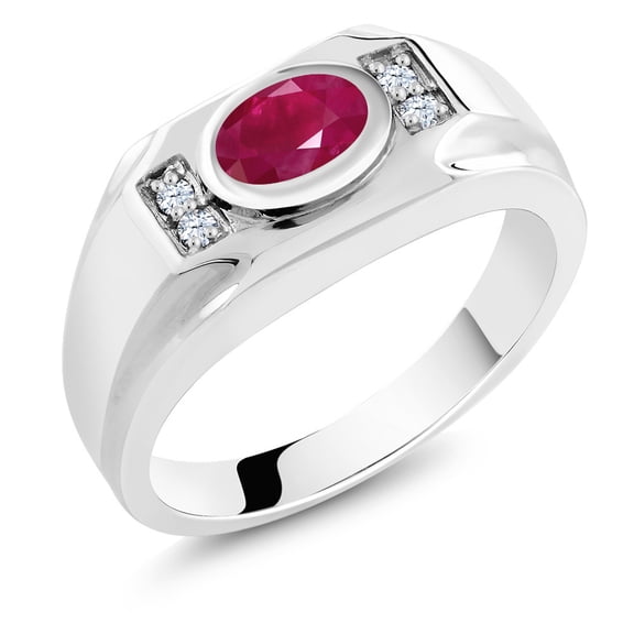 Gem Stone King Men's 925 Sterling Silver Red Ruby and White Created Sapphire Ring (2.05 Cttw, Gemstone July Birthstone, Oval 8X6MM,, Size 12)