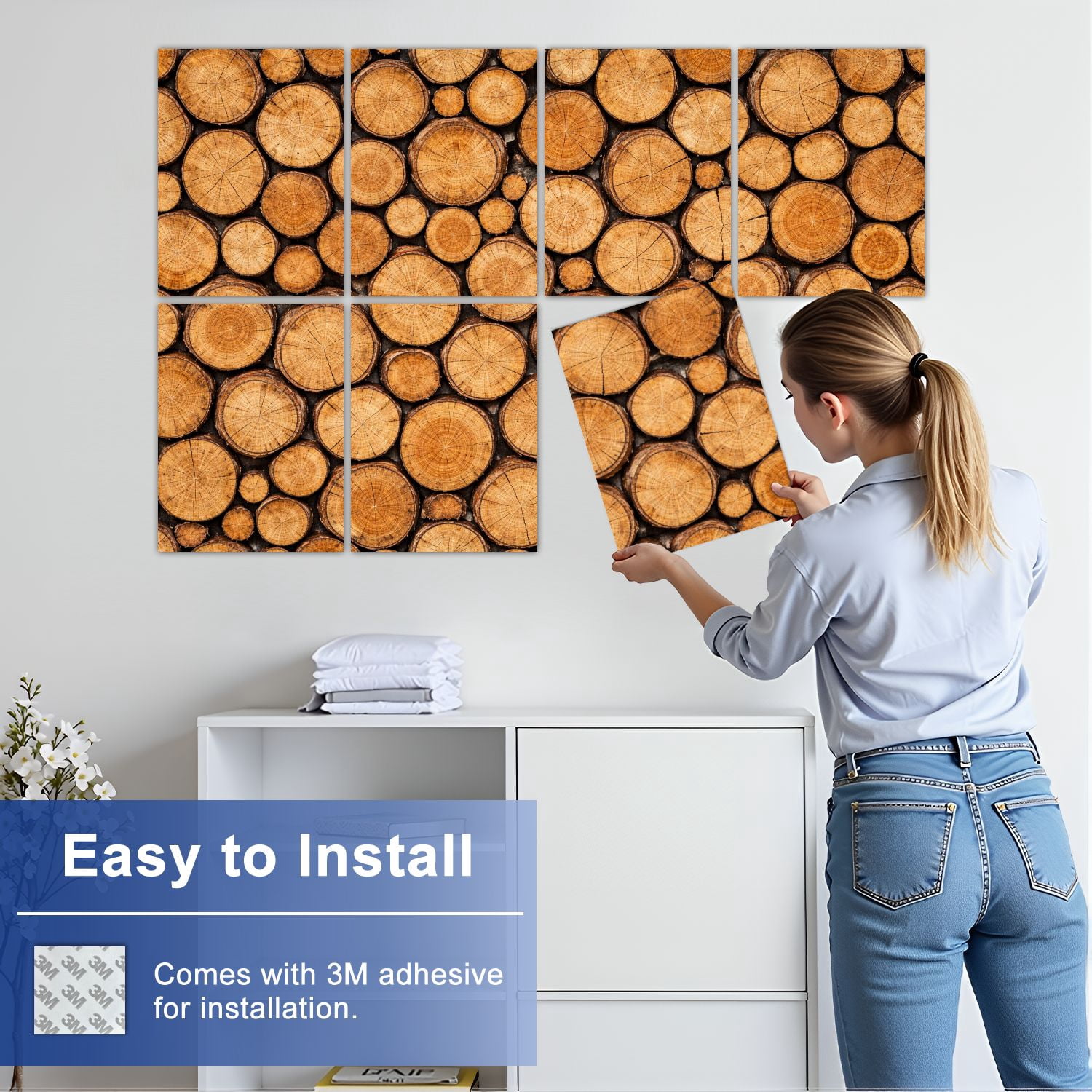 8 Pack Art Acoustic Panels Stacked Firewood Texture Natural Brown Tones Self Adhesive Absorbing Dampening Panels Self Adhesive for Nursery Game Room Bedroom 48"x32"