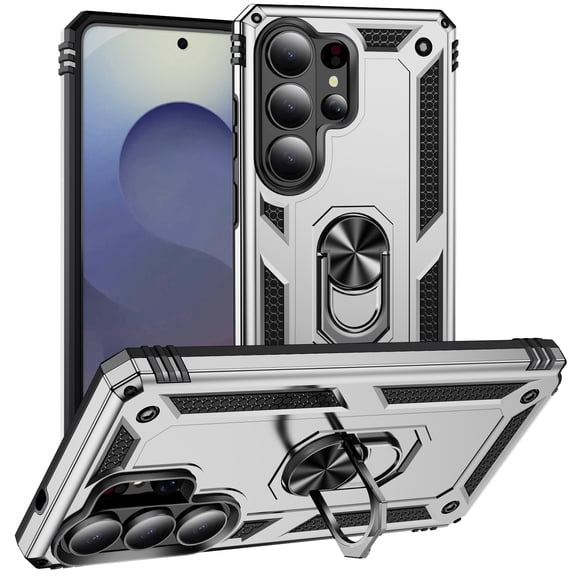 ELEHOLD Hybrid Rugged Case For Samsung Galaxy S26 Ultra Full Body Protection with Metal Magnetic 360° Rotating Ring Holder Kickstand Shockproof Heavy Duty Cover, Silver