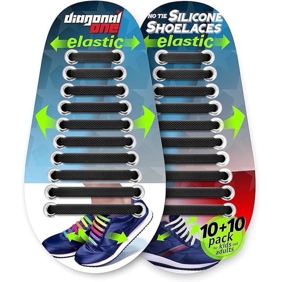 Diagonal One No-Tie Silicone Shoelaces for Kids and Adults, Elastic Shoe Laces for Sneakers, Tieless Slip-On Design, Black, 16 Piece Set