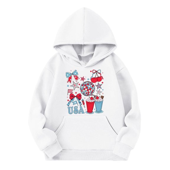 Patriotic Hoodies Sweatshirts for Girls Independence Day 4th of July Graphic Print Hooded Sweatshirt For Celebration And Casual Wear White 11-12T