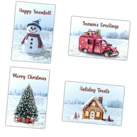 SKYSONIC 24 Winter Christmas with Envelopes, Featuring Gingerbread, Snowman, Red Truck, 4 Assorted with UV , Boxed Set fo