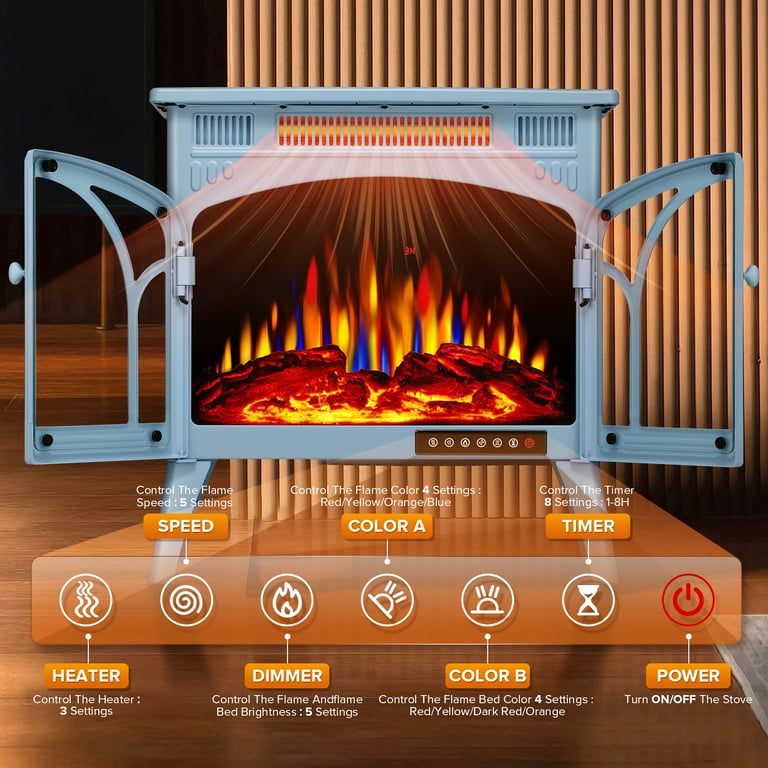Auseo 25'' Electric Fireplace Heater, 3D Flame Effect, Remote