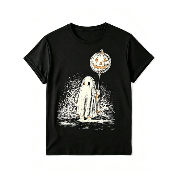 Women's Black Crew Neck Oversized Halloween Graphic T-Shirt, Vintage Ghost Holding Pumpkin Balloon Spooky Short Sleeve Tee