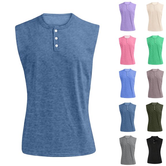 Yifymode Tank Tops Men Sleeveless Henley Tank Tops Casual Loose Fit Distressed Washed Shirts Vintage Lightweight Solid Tees