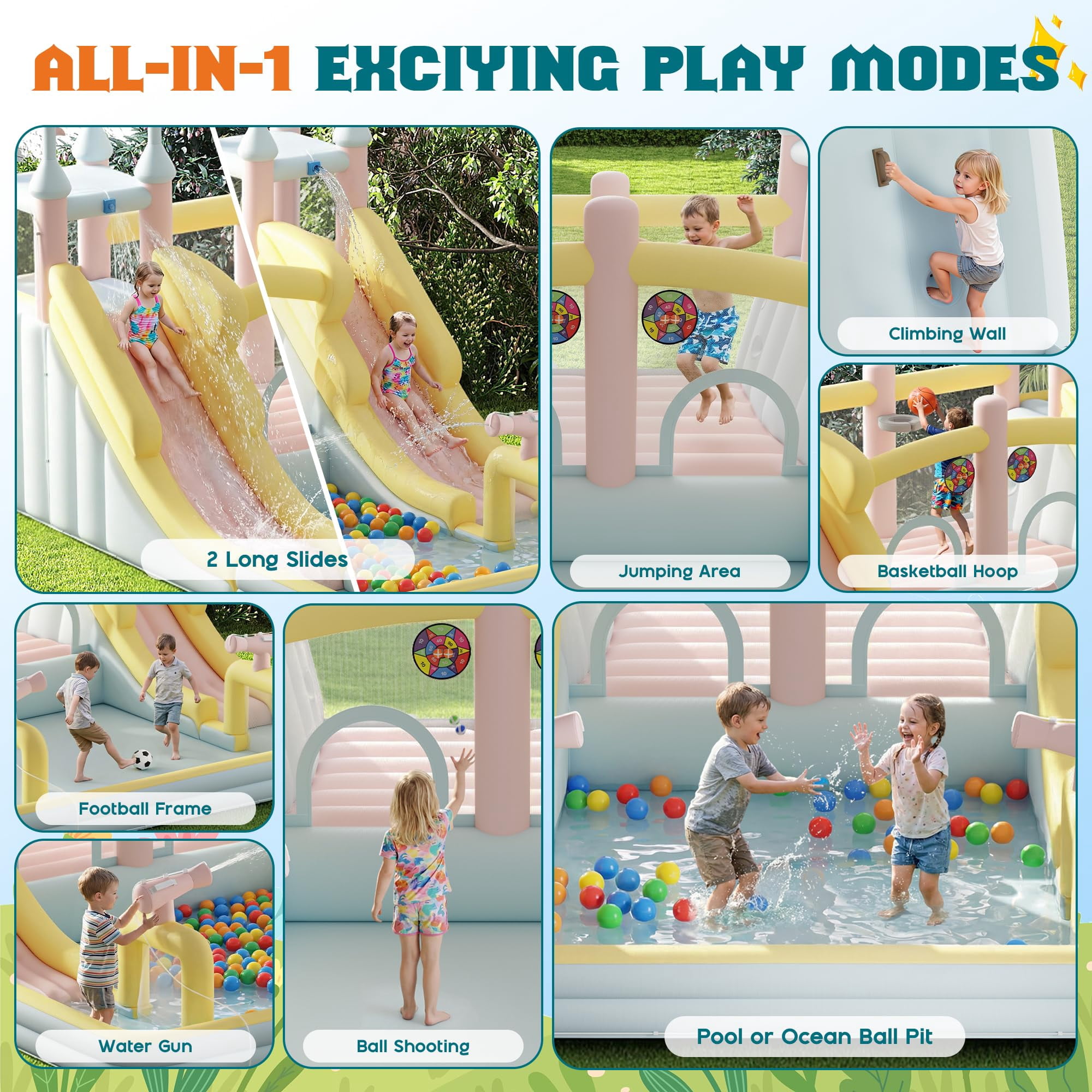 LUXOAK Inflatable Bounce House, Water Slide with Jumping Area, Climbing Wall, Splash Pool and Water Gun, Pastel Color for Beach, 177x163x94 inch