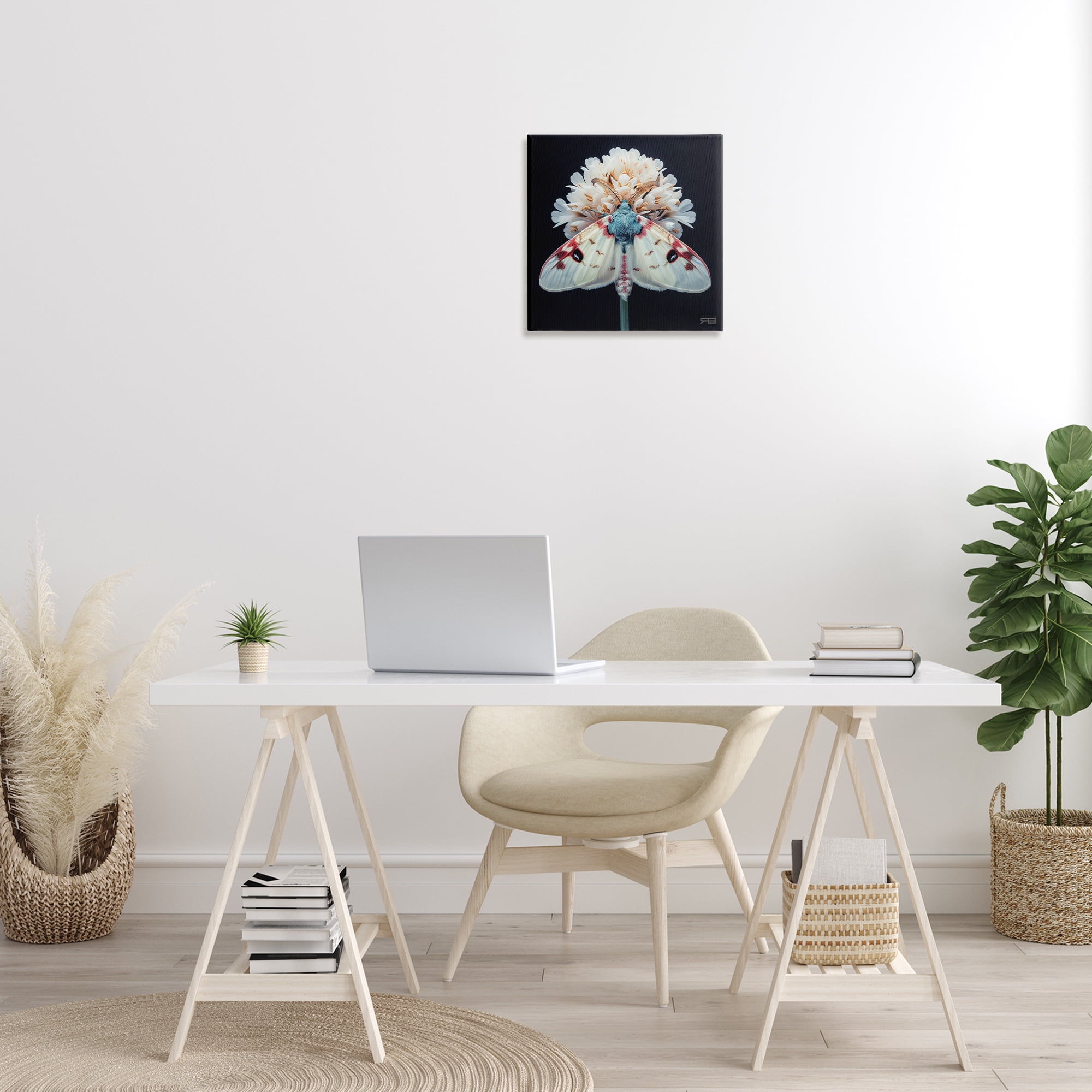Stupell Industries Moth & White Flowers Animals & Insects Painting Gallery Wrapped Canvas Art Print Wall Art, 17 x 17