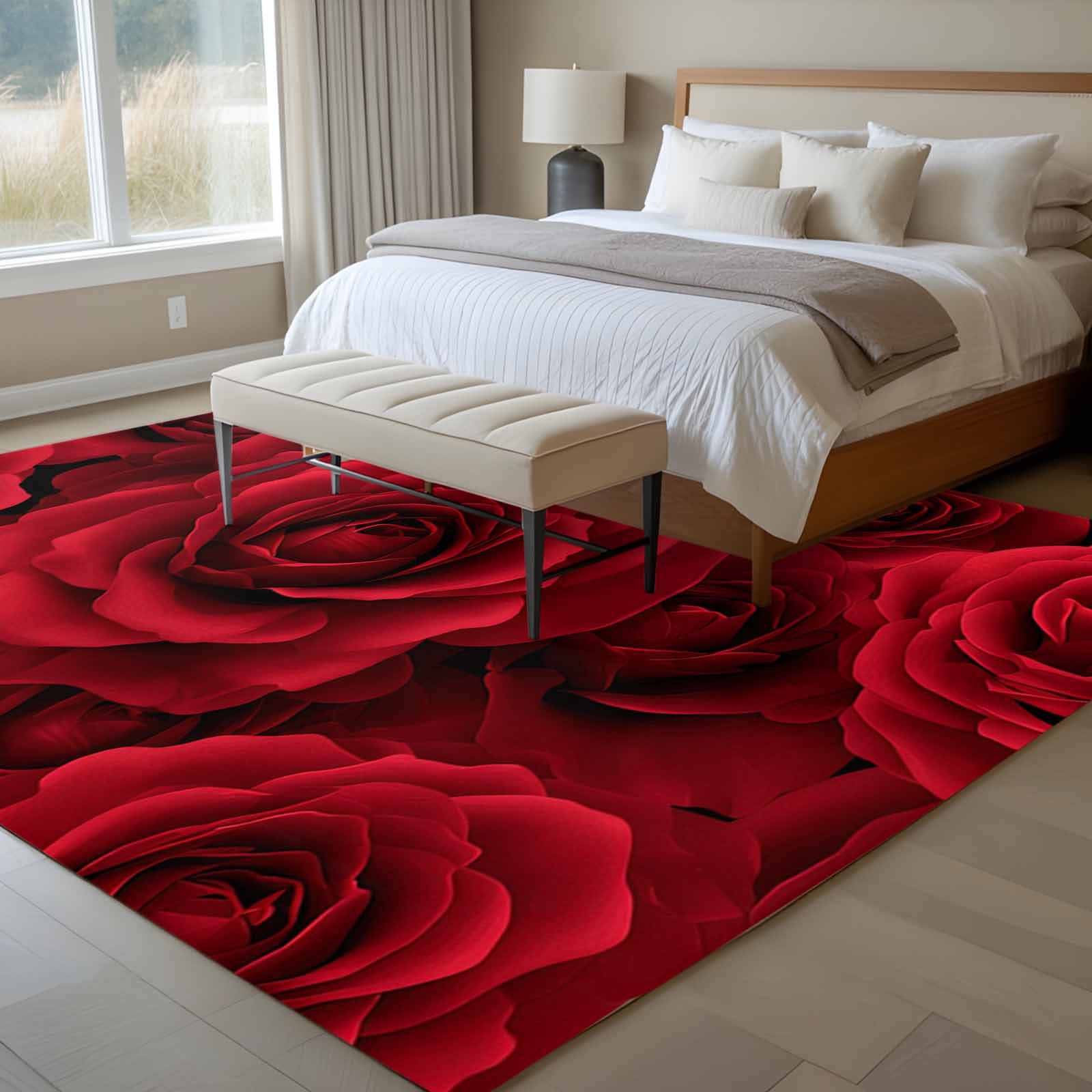 Red Roses Area Rugs 5'x7', Washable Small Throw Rugs for Laundry Room Playroom, Valentine's Day Flowers Floral Vintage Indoor Outdoor Rug Non-Slip Low Pile Carpet Runner Reversible Floor Mats