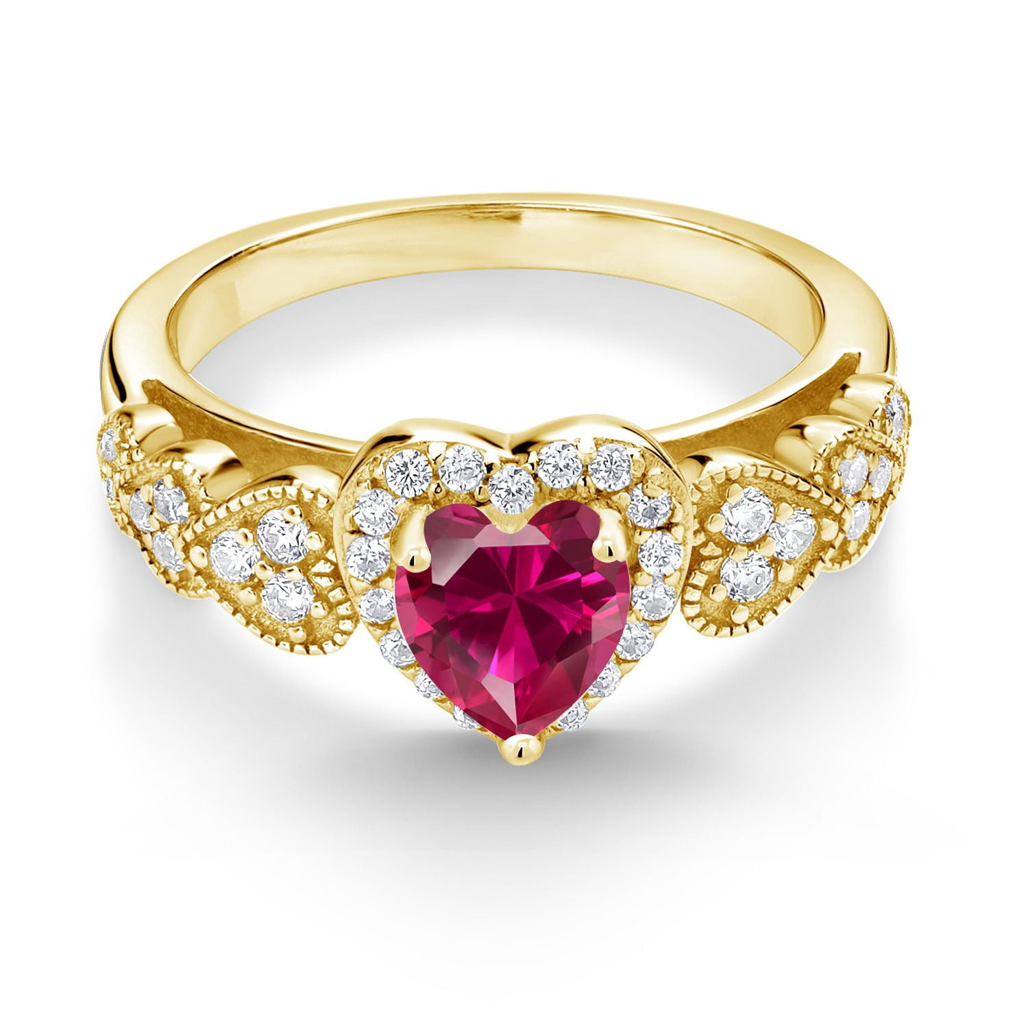 Gem Stone King 18K Yellow Gold Plated Silver Heart Shape Red Created Ruby Ring for Women (1.39 Cttw, Available in Size 5, 6, 7, 8, 9)