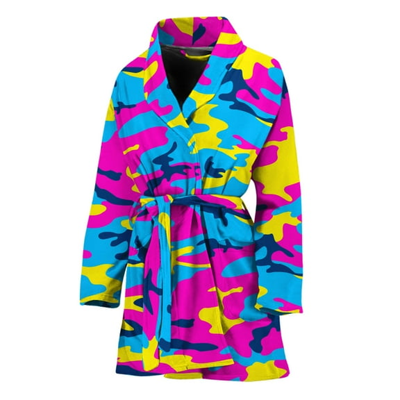 Neon Camouflage Women Bathrobe One Size Univeral Fits Fashion Lightweight Plush Fleece Long Robe For Women