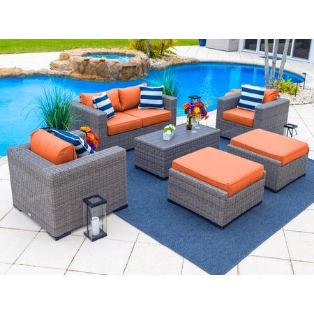 Tuscany 6-Piece M Resin Wicker Outdoor Patio Furniture Lounge Sofa Set with Loveseat, Two Armchairs, Two Ottomans, and Coffee Table (Half-Round Gray Wicker, Sunbrella Canvas Tuscan)
