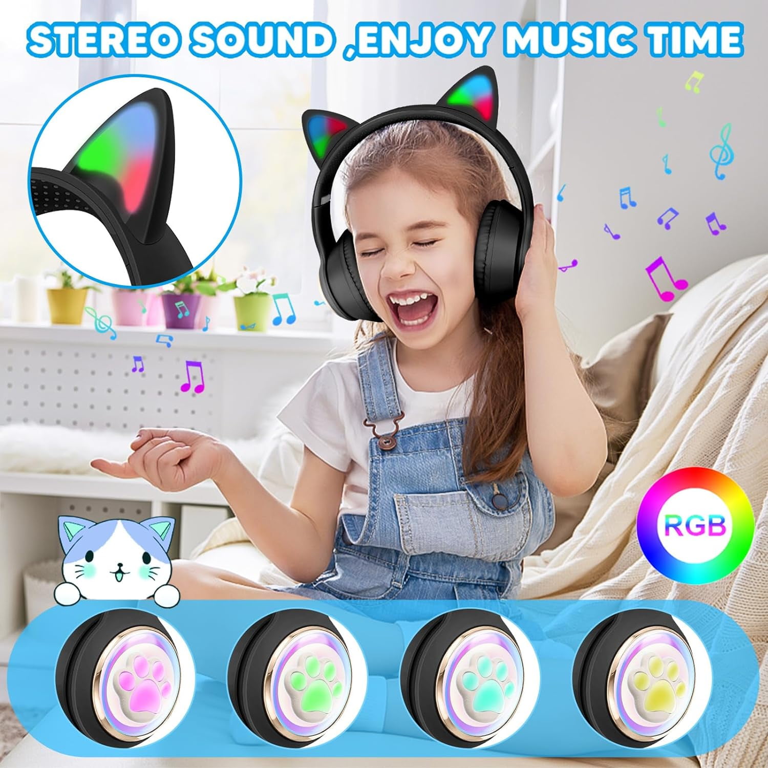 QearFun Cat Headphones for Girls Kids for School, Kids Bluetooth Headphones with Microphone & 3.5mm Jack, Teens Toddlers Wireless Headphones with Adjustable Headband for Tablet/PC Black