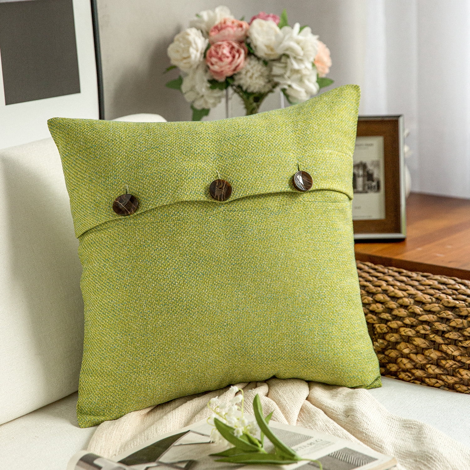 Phantoscope Farmhouse Triple Button Linen Decorative Throw Pillow, Sage Green, 18" x 18", 1 Pack
