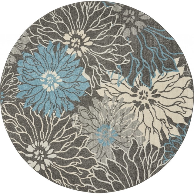 homeroots home decor 385418 8’ Round Charcoal and Blue Big Flower Area Rug