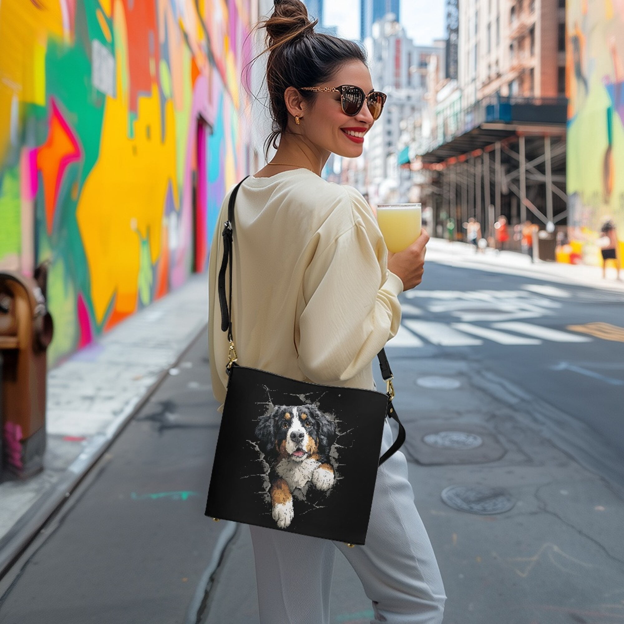 Kuiaobaty Bernese Mountain Dog Print Bucket Crossbody Bag for Women Large Capacity Bucket Tote Bag with Adjustable Strap Leather Shoulder Bags Hobo Purse for Travel, Black