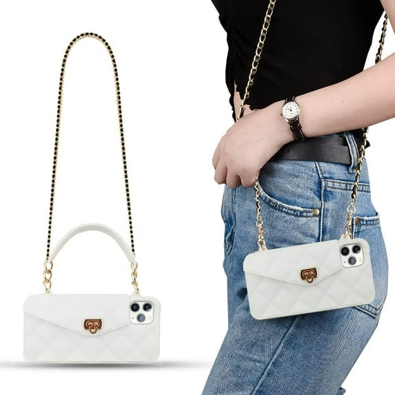 For iPhone 14 Pro Max Wallet Case ,Crossbody Phone Case with Lanyard Strap Cute Purse Case Flip Credit Card Holder Soft Silicone Girls Lady Handbag Case for iPhone 14 Pro Max White