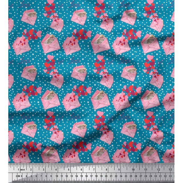 Soimoi Blue polyester Crepe Fabric Envelope,Star & Heart Print Fabric by the Yard 52 Inch Wide