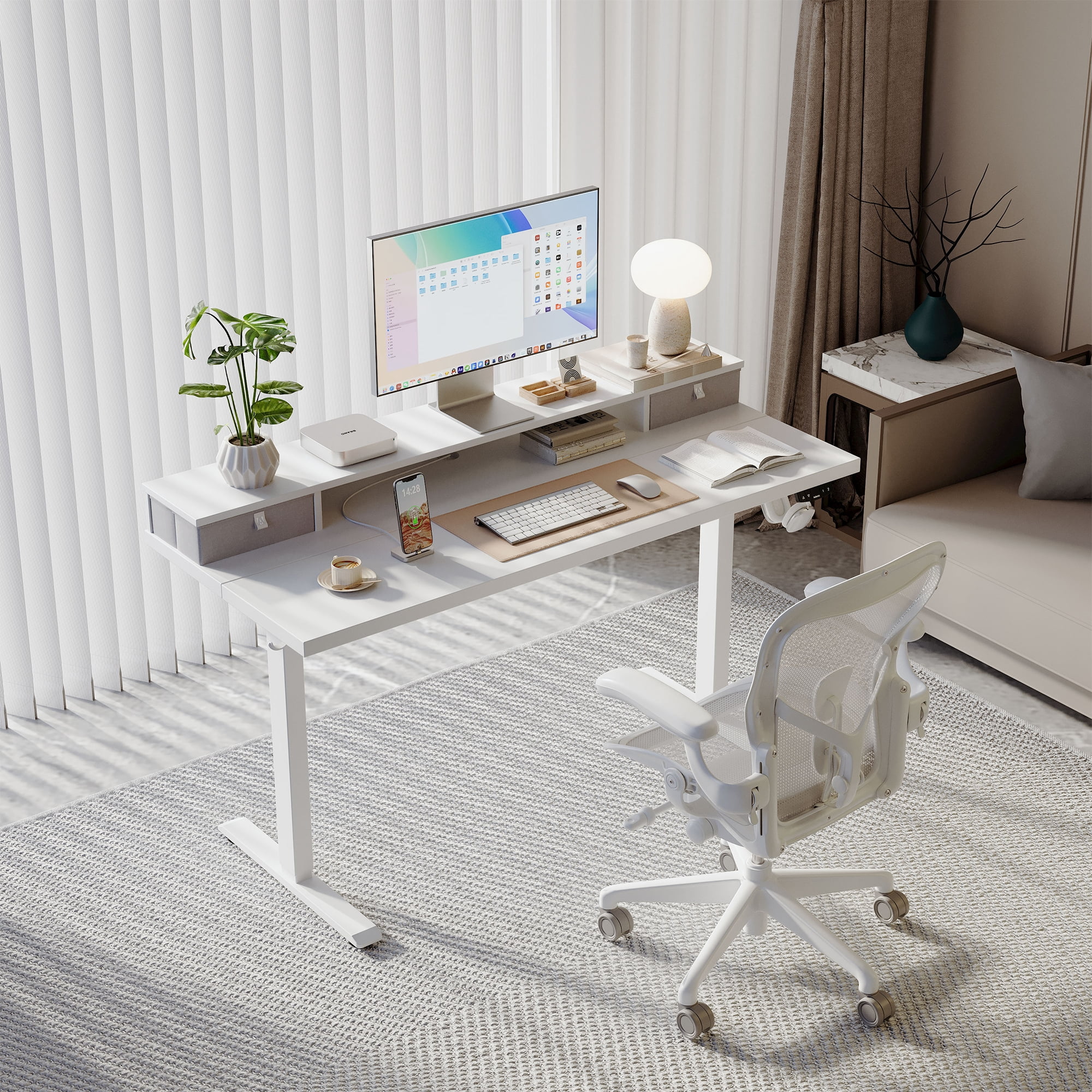 47.2 Inch Electric Standing Desk with 2 Drawers, Height Adjustable Desk with 2 Memory Keys, Ergonomic Sit-Stand Computer Desk with Hooks for Home Office, White