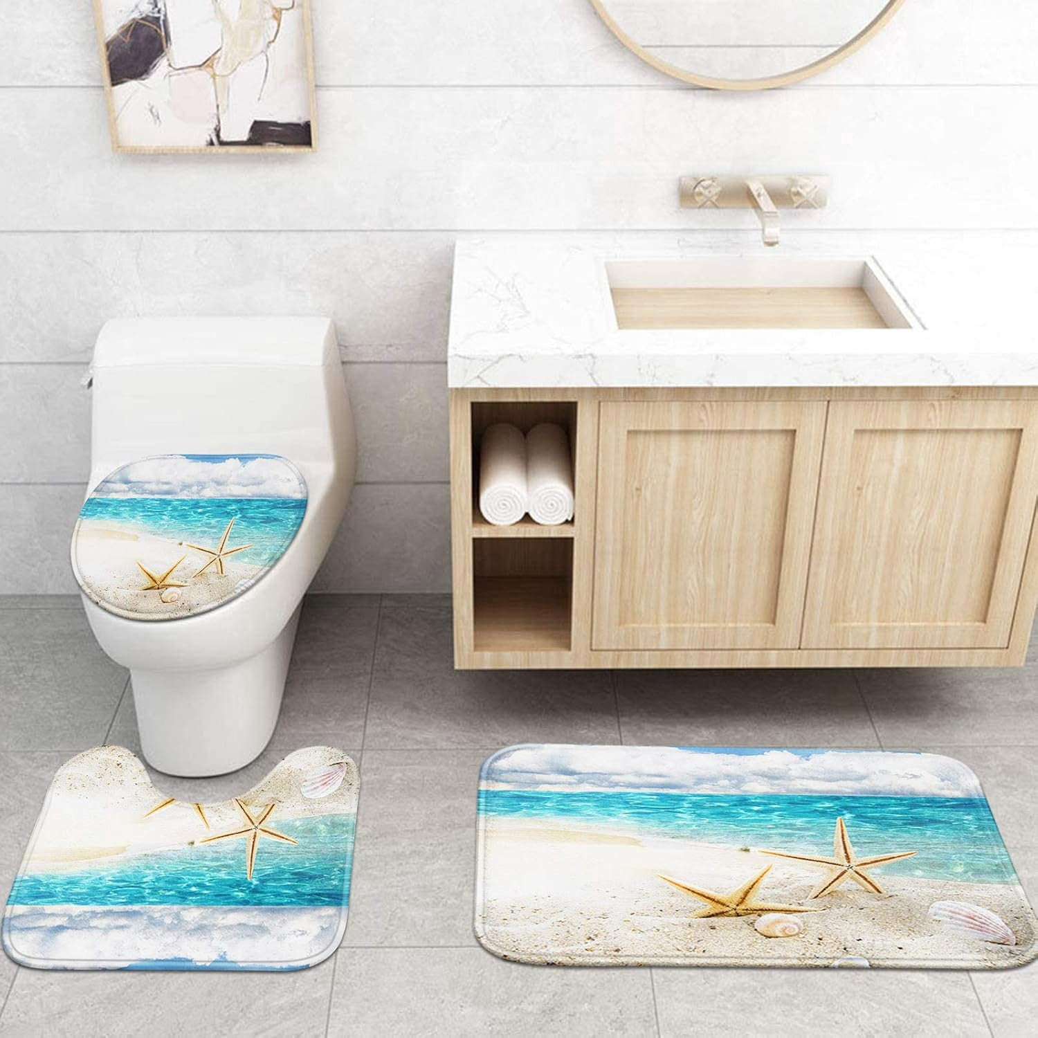 4 Pcs Shower Curtain Set Starfish Seashells Wooden Nautical Sand Beach Shell Sea Blue with Non-Slip Rugs Toilet Lid Cover and Bath Mat Bathroom Decor Set 72" x 72"