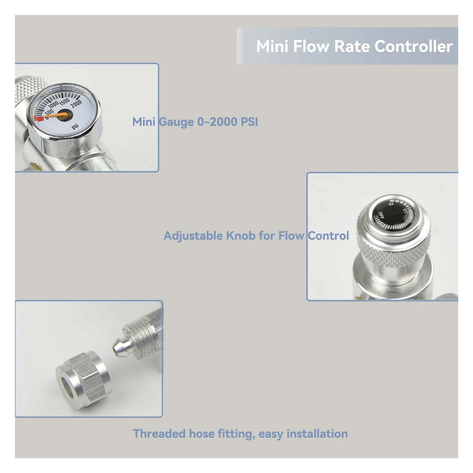 CO2 flow Regulator Needle Valve with Mini Gauge 0-2000PSI Gas flow Rate Control W21.8 Thread ,Durable Brass Construction