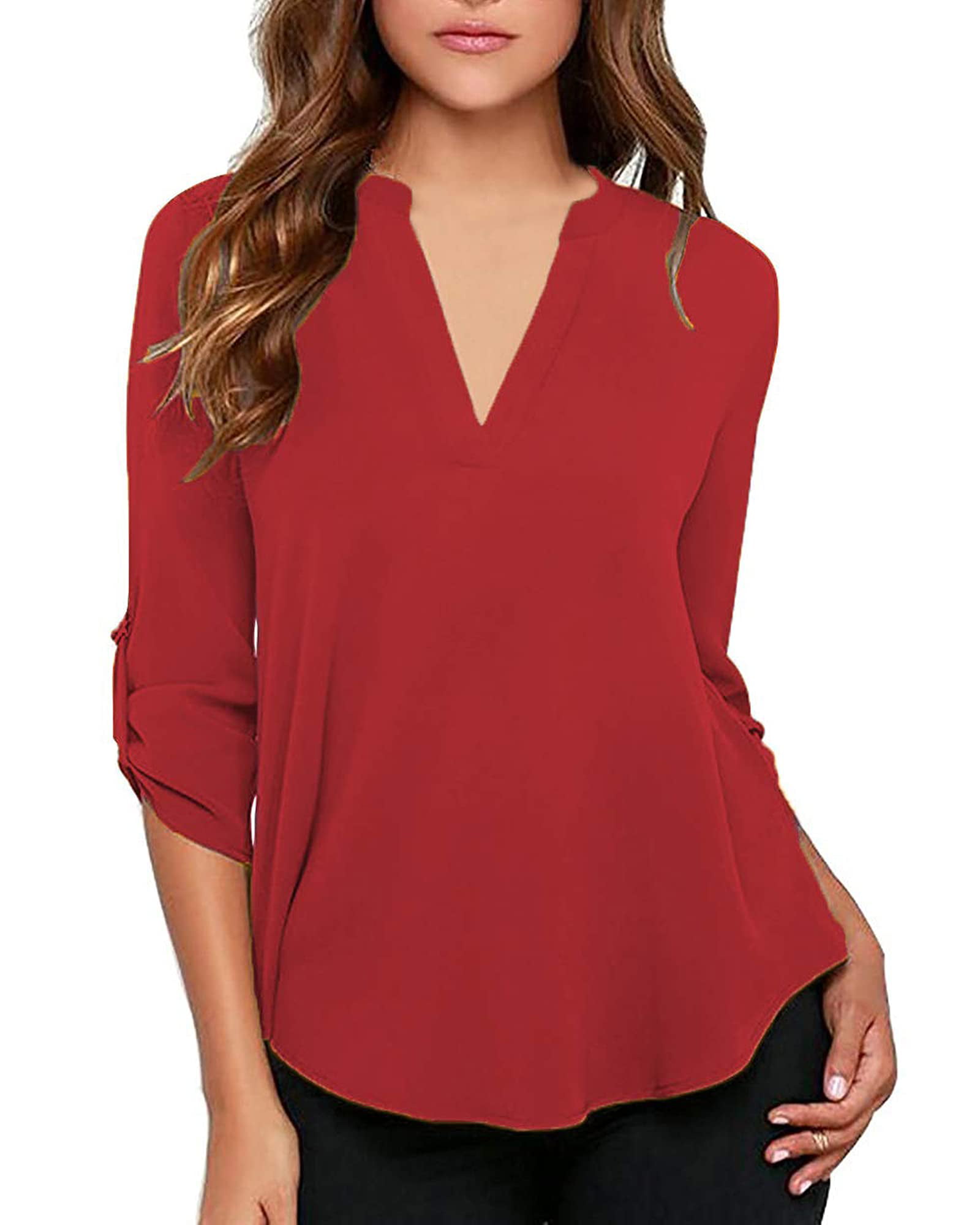 hipoteca Bolsa Mutilar roswear Women's Casual V Neck Cuffed Sleeves Solid Chiffon Blouse Top -  Walmart.com