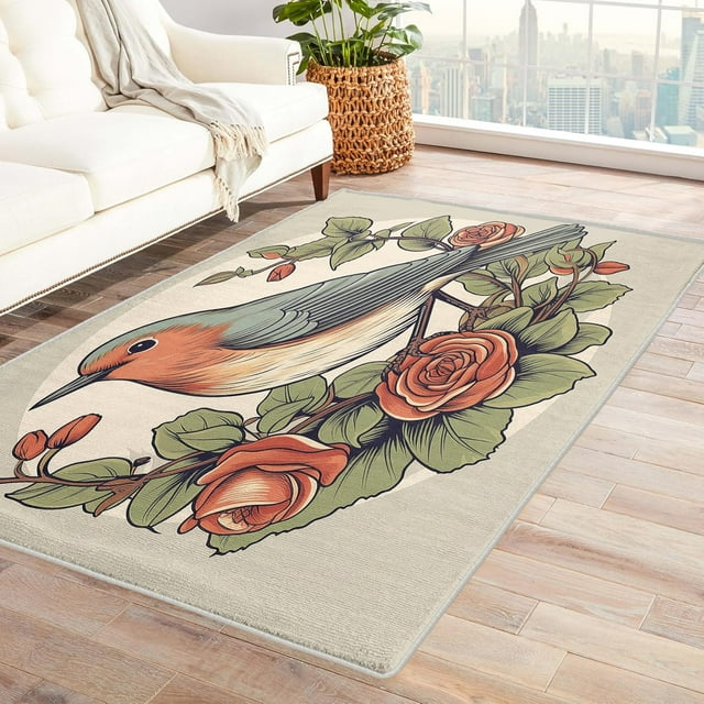 Birdie Rug, Rose Area Rug 3x5, Animal Carpet, Entryway Rugs Bedroom, Fluffy Machine Washable Non-Slip Low-Pile Non-Shedding Rug for Kitchen, indoor outdoor Entrance rugs Km&-348