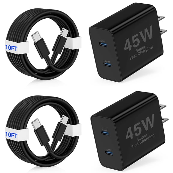 Super Fast Type C Charger Compatible for Samsung,45W Dual Port USB C Fast Charger Block 2-Pack & 60W 10FT USB C Cable Compatible for Samsung Galaxy S25 Ultra/S24 /S23 iPhone 16,Black