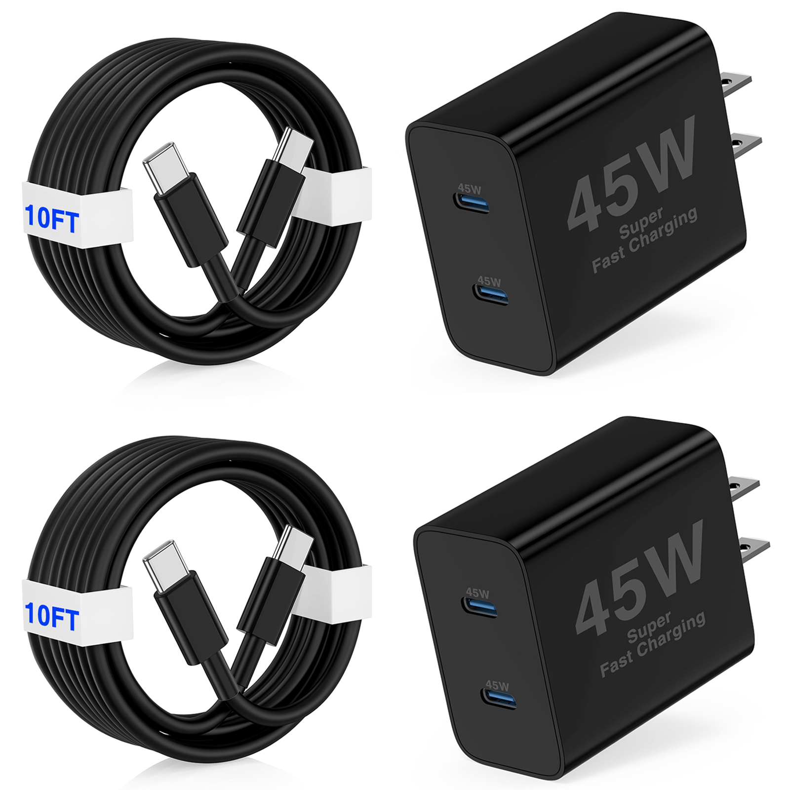Super Fast Type C Charger Compatible for Samsung,45W Dual Port USB C Fast Charger Block 2-Pack & 60W 10FT USB C Cable Compatible for Samsung Galaxy S25 Ultra/S24+/S23 iPhone 16,Black