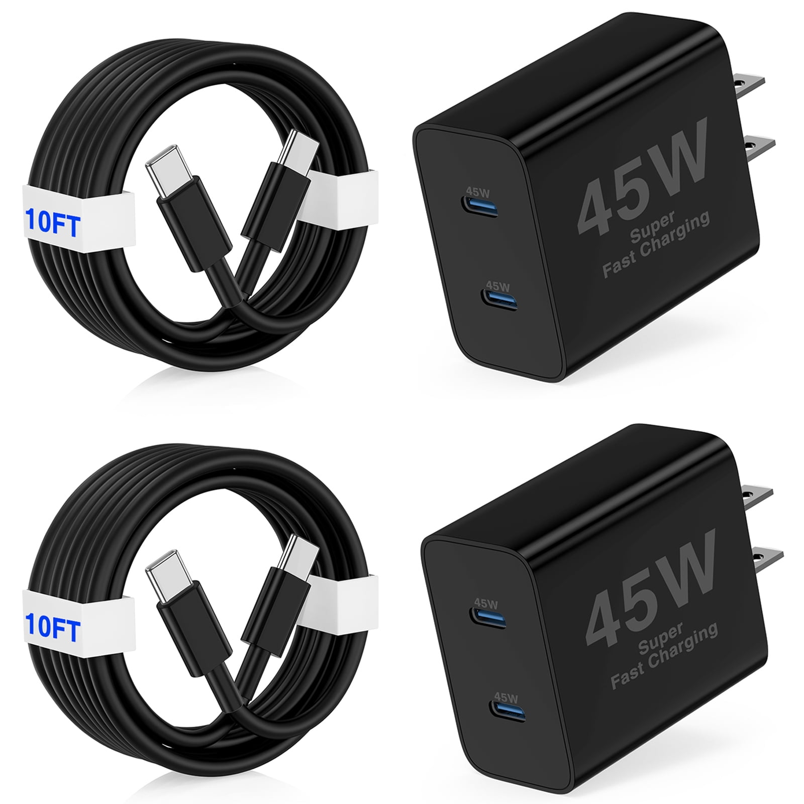 Super Fast Type C Charger Compatible for Samsung,45W Dual Port USB C Fast Charger Block 2-Pack & 60W 10FT USB C Cable Compatible for Samsung Galaxy S25 Ultra/S24+/S23 iPhone 16,Black