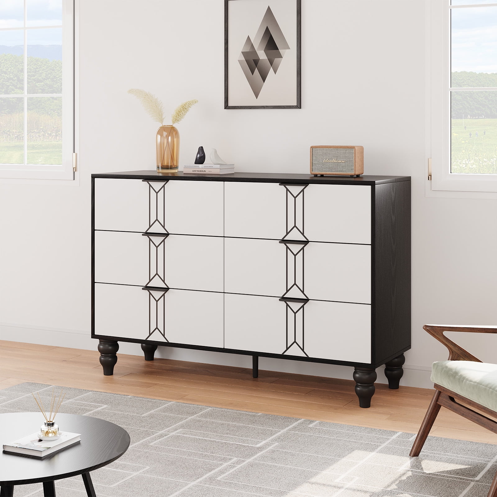 Homhougo Dresser for Bedroom 6 Drawer, Wood Organizer Storage Cabinet with Vintage Pattern Design, Chest of Drawers for Closet, Living Room, Hallway, Nursery, Kids Bedroom, Black+White