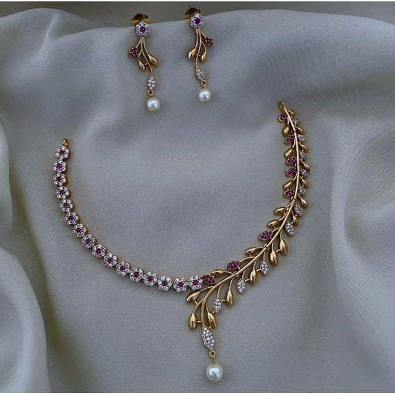 South Indian Bollywood Floral Leaf Design Gold-Plated Pearl Short Necklace Set – Matte Finish Alloy Brass with Ruby & White Kemp Stones, AD CZ Accents, Matching Drop Earrings.