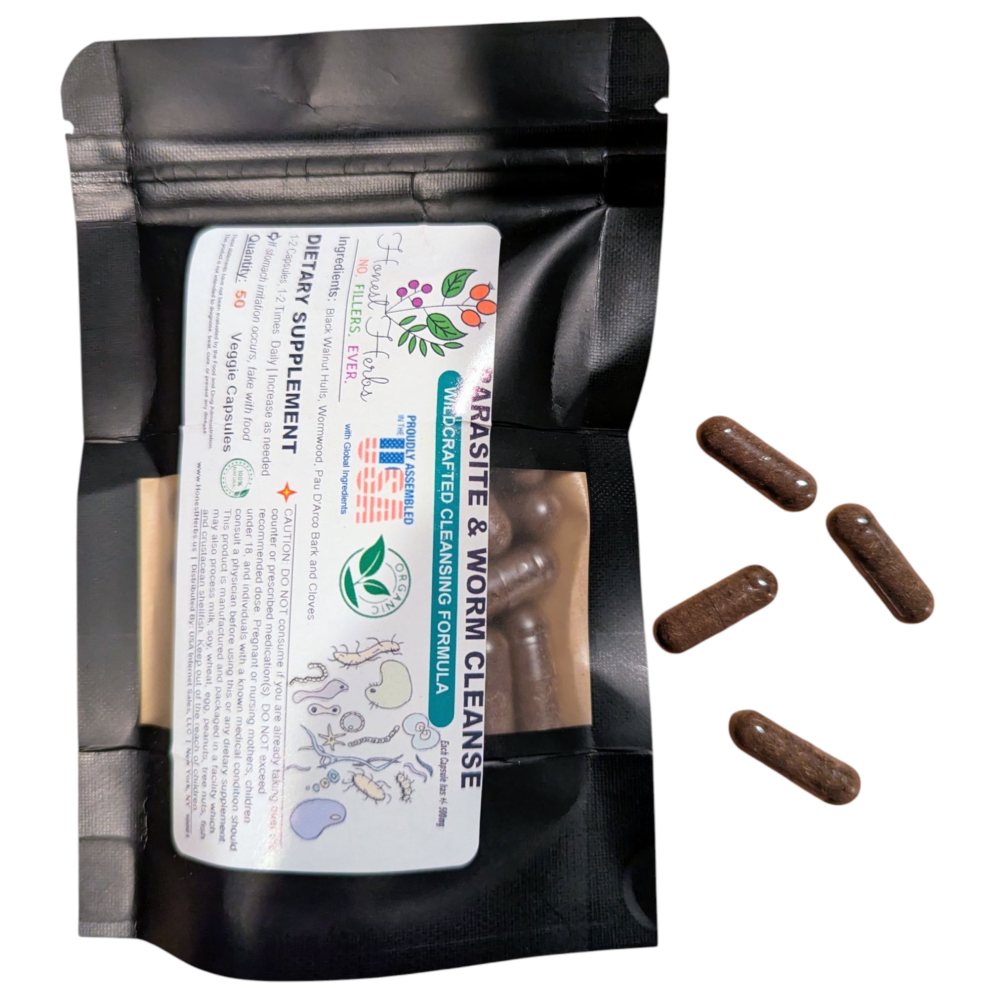 Worm & Parasite Blend - Natural Cleanse Formula - Black Walnut Hulls - Wormwood - Pau D'Arco Bark - Clove - Honest Herbs - 50 Veggie Caps