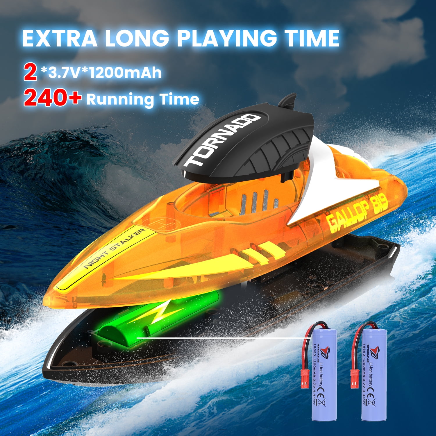 JoyStone RC Boat for Pools and Lakes, 2.4G Remote Control Boat with LED Lights, Racing Boats for Kids & Adults with 2 Rechargeable Battery, Gifts for Boys Girls (Orange)