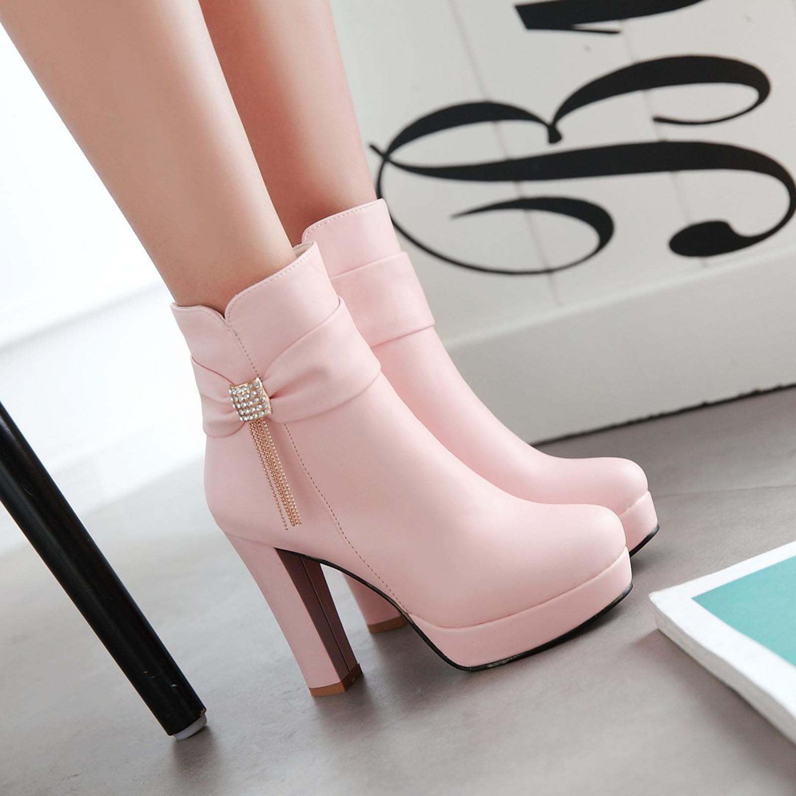 Pointed Toe Zip Back Chunky Heeled Ankle Boots Women's Solid - Temu