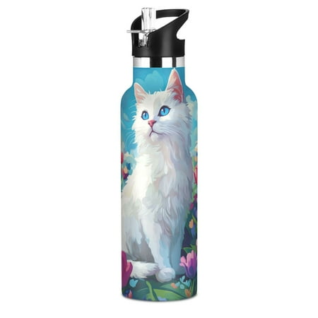

Kids Insulated Stainless Steel Sports Water Bottle 600ml (20oz) BPA-Free White Cat and Tulips