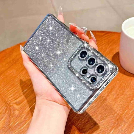 Dteck Magnetic for Samsung Galaxy S26 Ultra Case, Shockproof Glitter Bling Paper Gradient Sparkly Shiny Diamond Plated Frame Soft TPU Rubber Cover, Silver