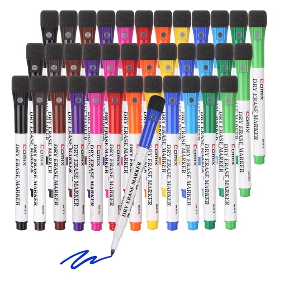 Comix Magnetic Dry Erase Markers Fine Tip, with Eraser Cap, Low Odor, 12 Assorted Color,36 Bulk