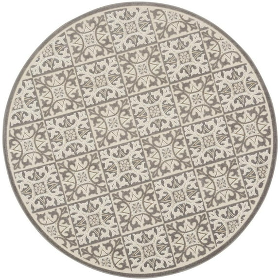 Nourison Aloha Modern Mosaic Flatweave High-Low Indoor Outdoor Round Rug Ivory Grey 7’10” x 7'10"