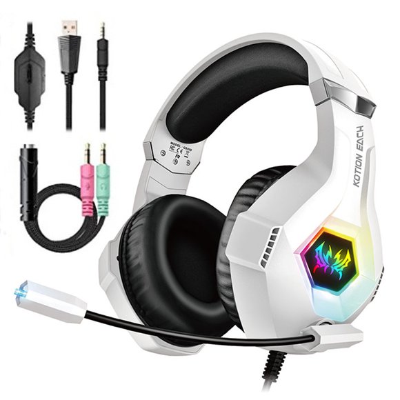 Gaming Headset Aor PS5 PS4 PC, Over-Ear Headphones with Surround Sound & RGB Light Aor Xbox Switch Mac Laptop White
