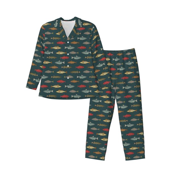 Balery River Freshwater Fish Pijama para Hombre de Dos Piezas con Manga Larga, Conjunto de Dormir y Descanso Suave con Bolsillos-Medium