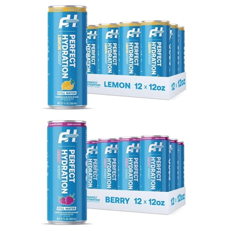 Perfect Hydration Lemon and Berry Flavored Alkaline Water | 0 Sugar, 0 Calories, 12 oz cans, Pack of 12 of Each Flavor
