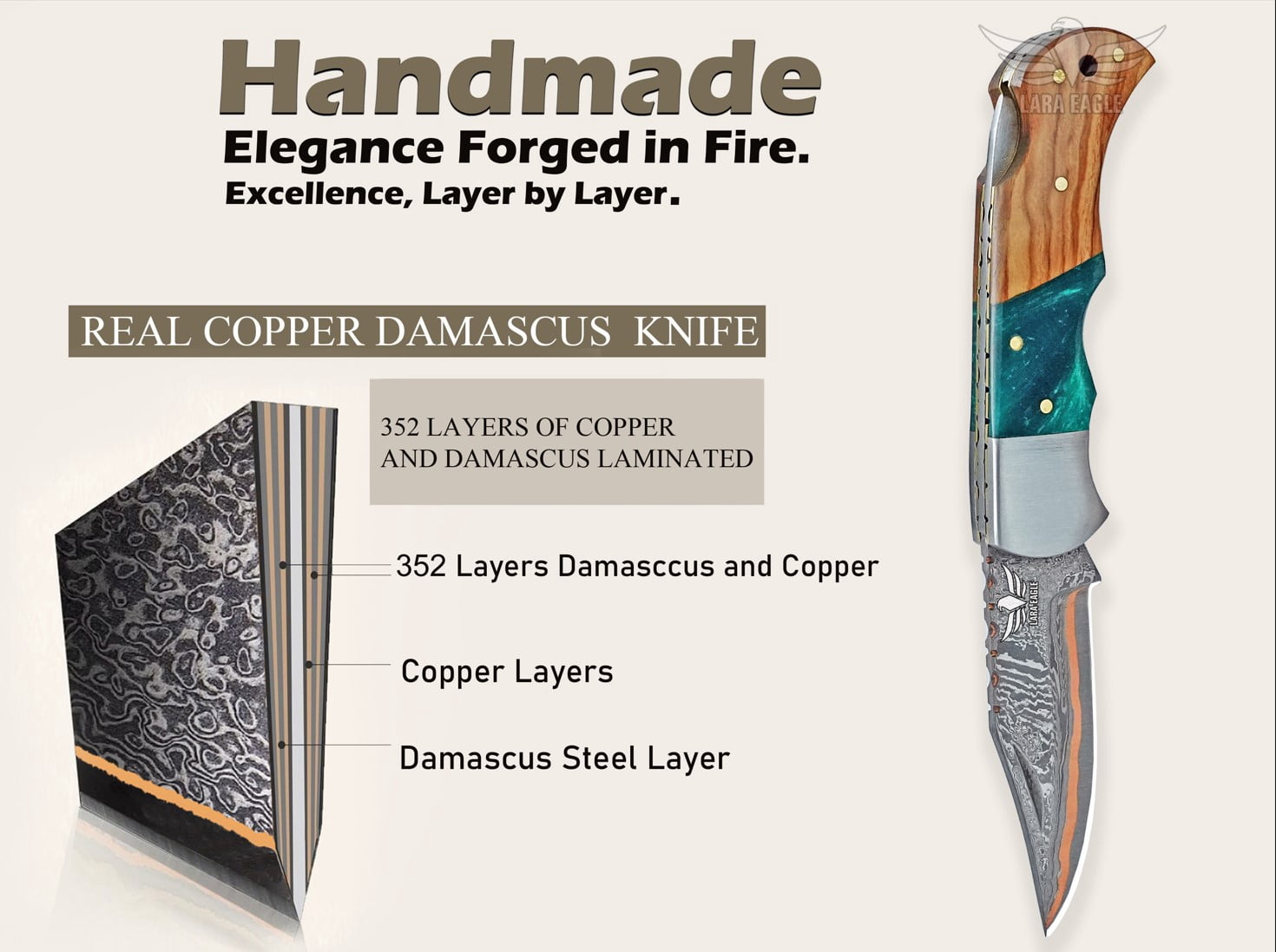 Lara Eagle Handmade Copper Damascus Folding Knife for Men – Copper Pocket Knife with Leather Sheath – Outdoor, Camping, Hunting & Survival Gift for Father, Husband