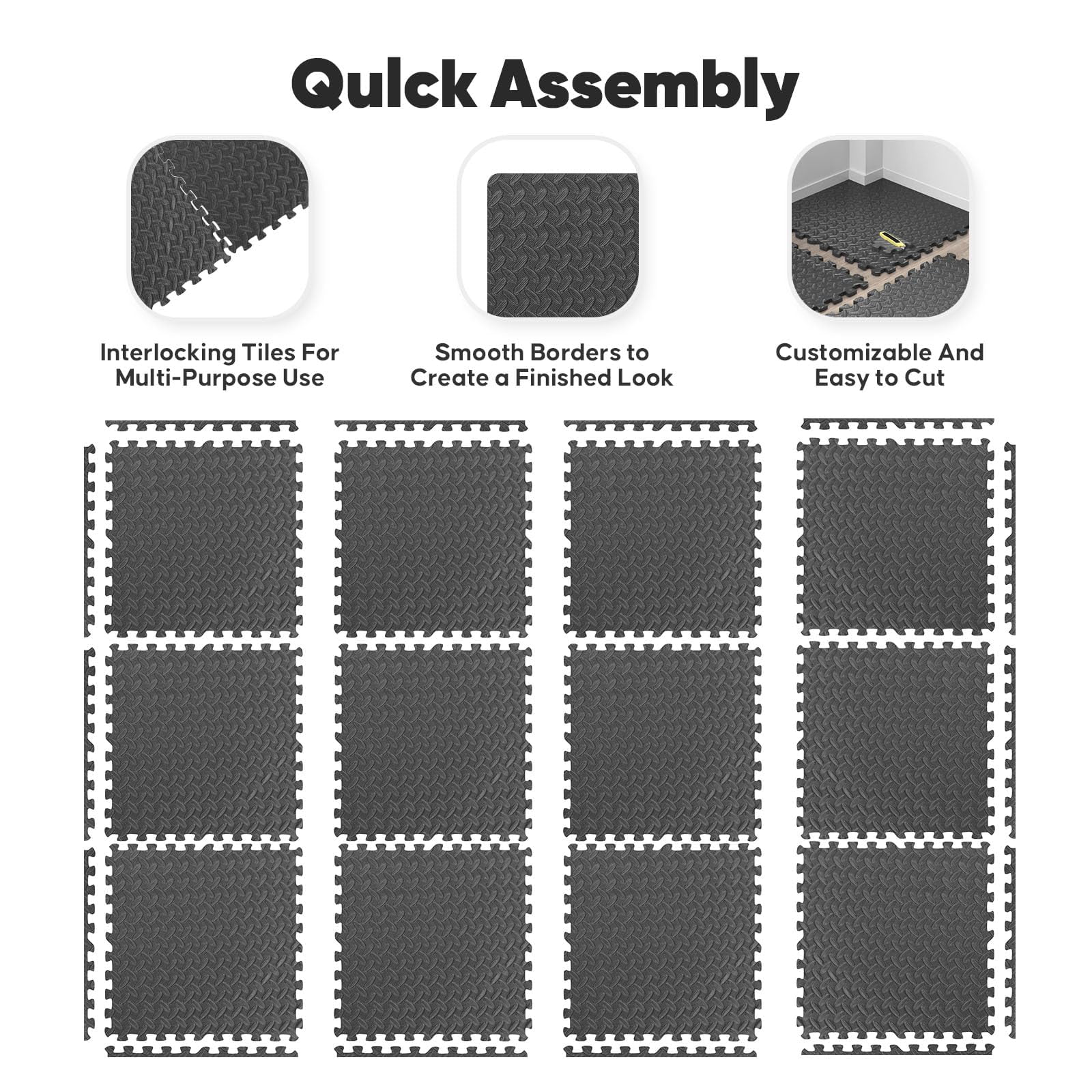 EVA Interlocking Foam Floor Tiles 36 Pack(144 SF) Black Workout and Kids' Play Mat